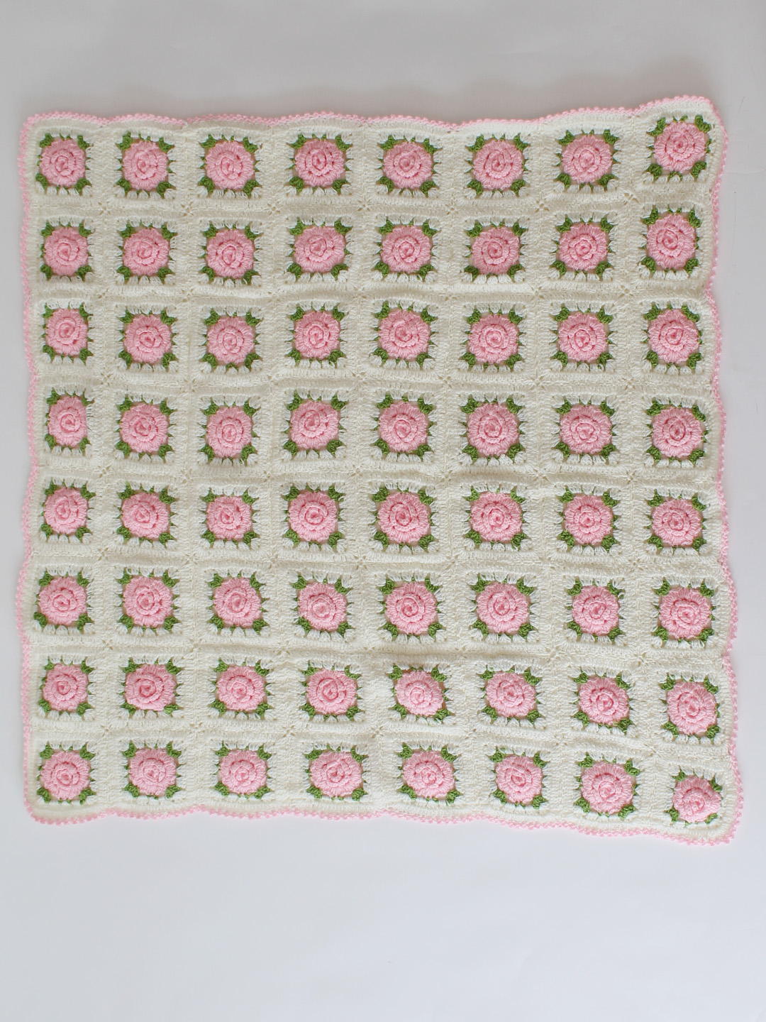 Crochet Handmade Woolen Pink Rose Blanket 40*40 inch with Sherpa Lining