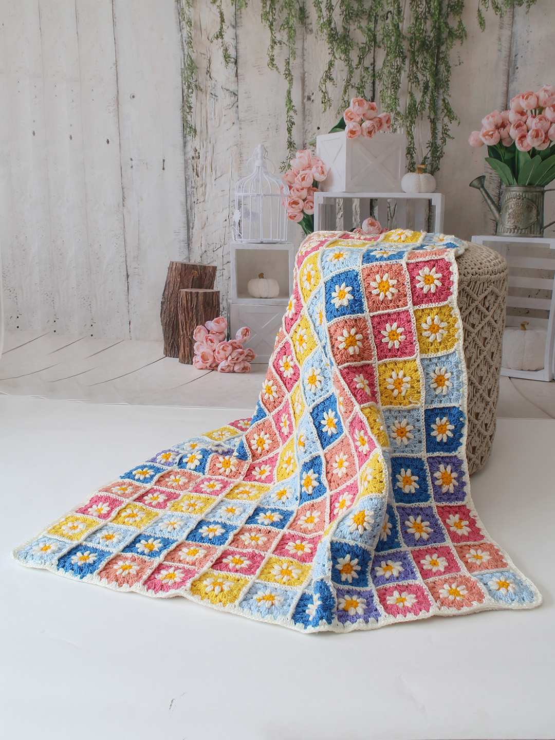 Crochet Handmade Woolen Multicolored Daisy Blanket 40*40 inch with Sherpa Lining
