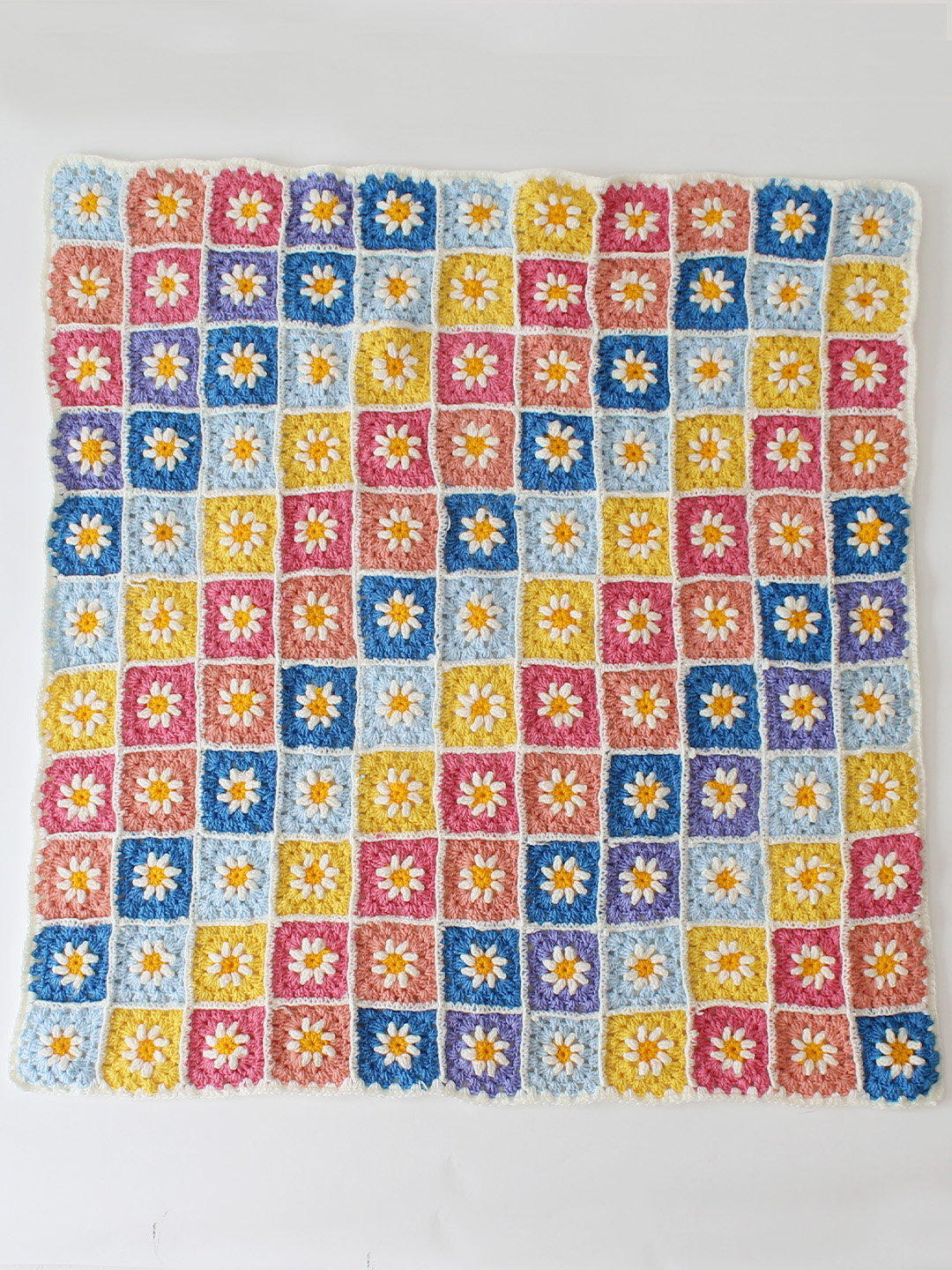 Crochet Handmade Woolen Multicolored Daisy Blanket 40*40 inch with Sherpa Lining