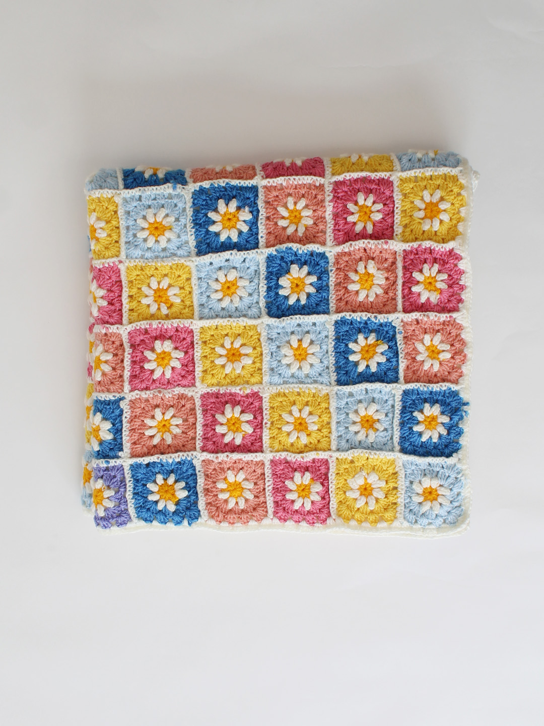 Crochet Handmade Woolen Multicolored Daisy Blanket 40*40 inch with Sherpa Lining