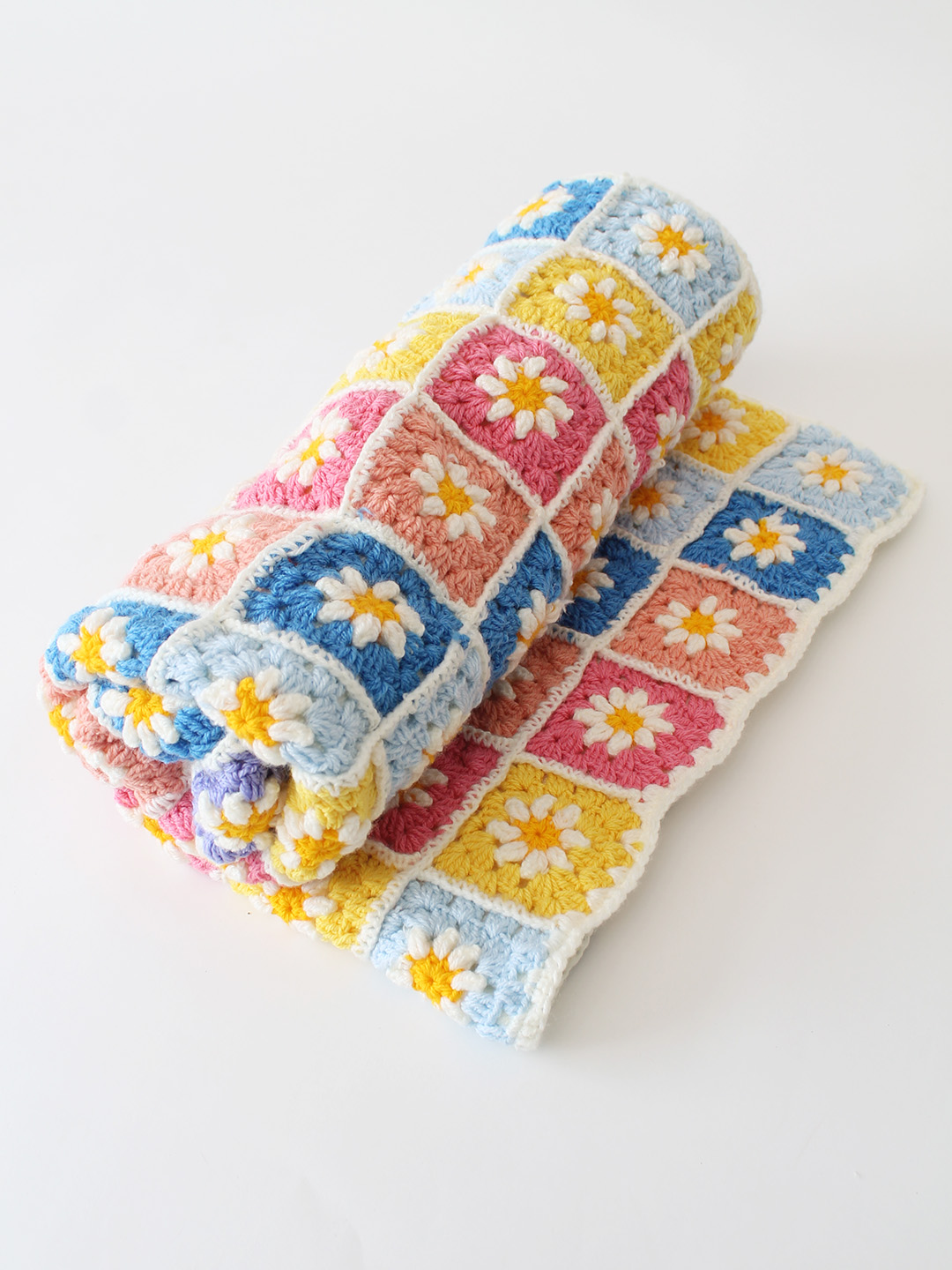 Crochet Handmade Woolen Multicolored Daisy Blanket 40*40 inch with Sherpa Lining