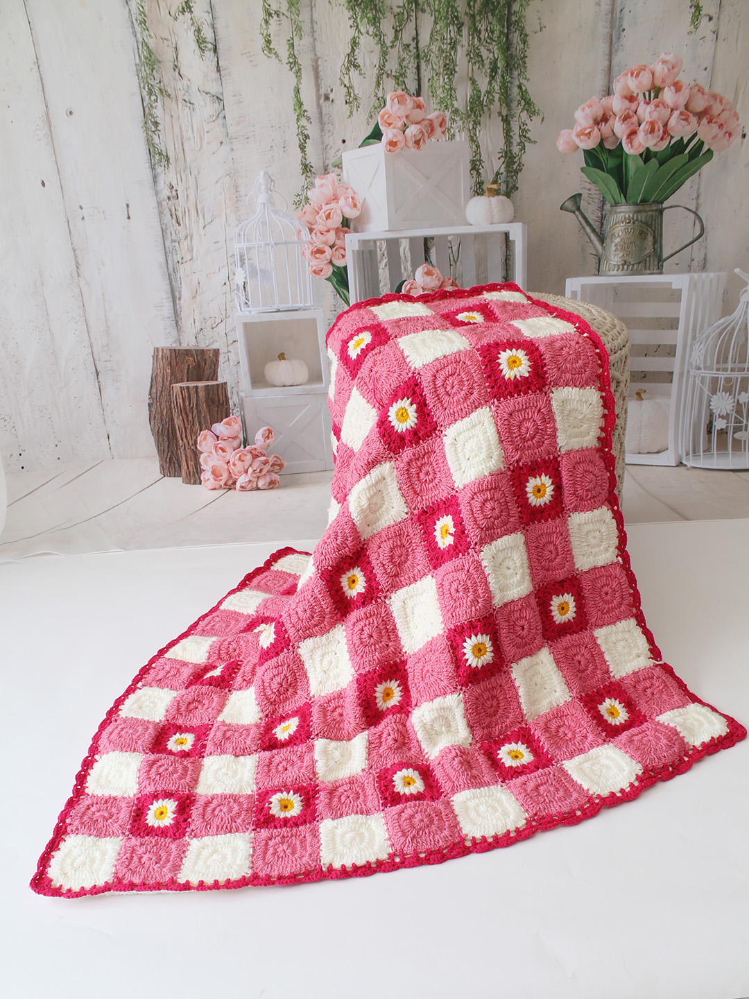 Crochet Handmade Woolen Pink Daisy Blanket 40*40 inch with Sherpa Lining