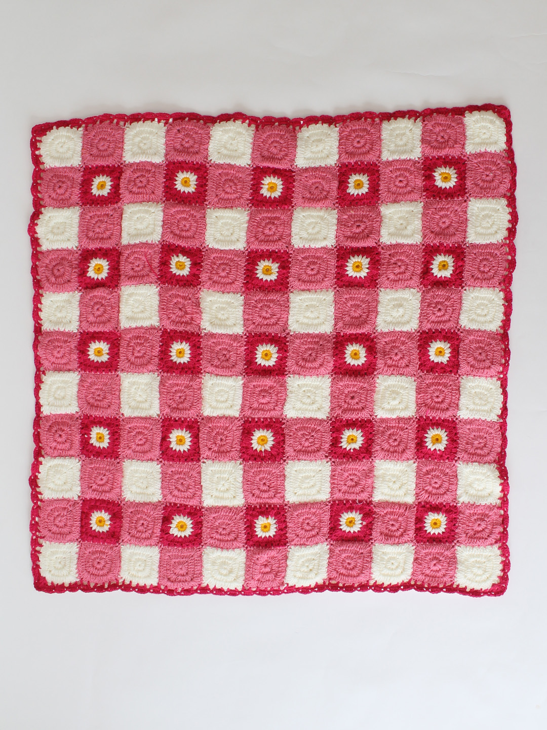 Crochet Handmade Woolen Pink Daisy Blanket 40*40 inch with Sherpa Lining