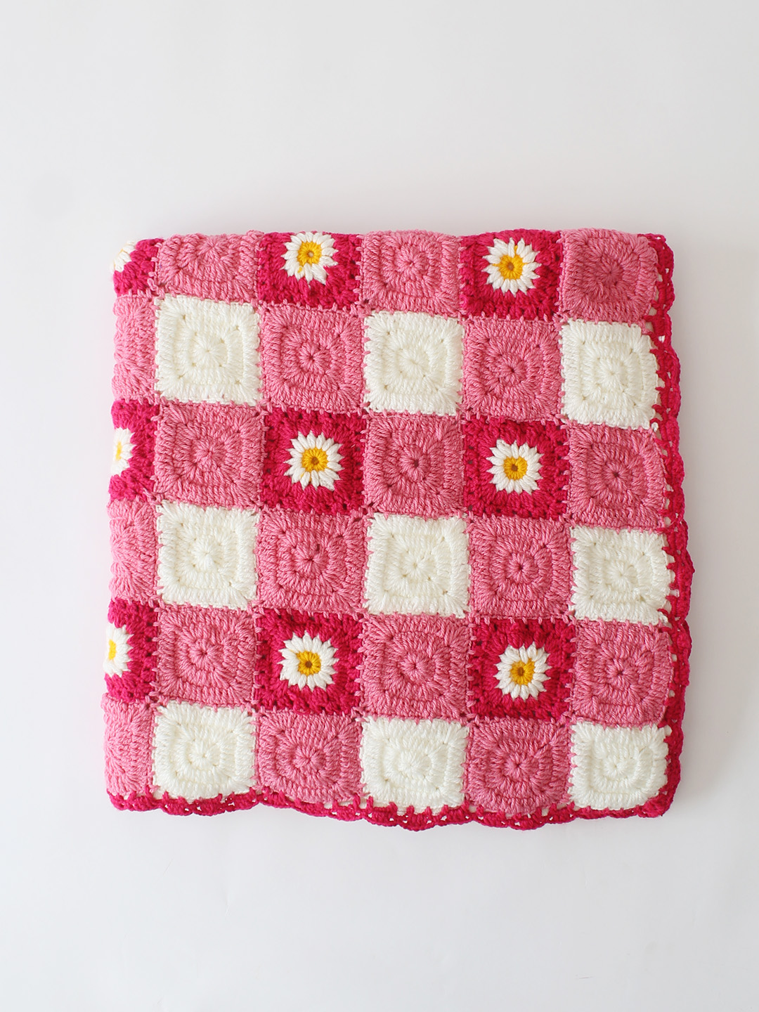 Crochet Handmade Woolen Pink Daisy Blanket 40*40 inch with Sherpa Lining