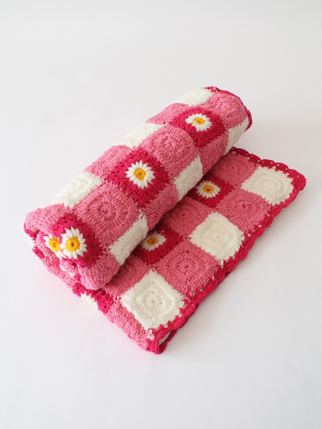 Crochet Handmade Woolen Pink Daisy Blanket 40*40 inch with Sherpa Lining