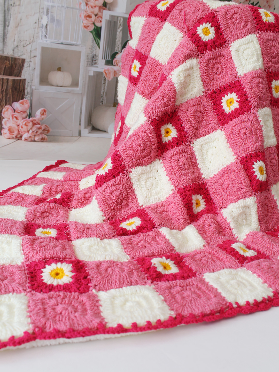 Crochet Handmade Woolen Pink Daisy Blanket 4040 inch with Sherpa Lining