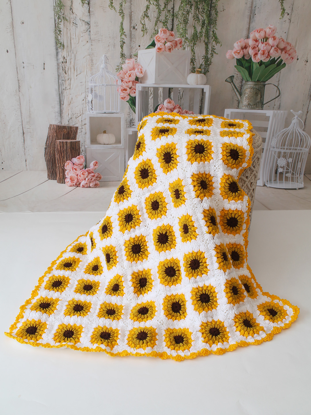 Crochet Handmade Woolen Sunflower Blanket 4040 inch with Sherpa Lining