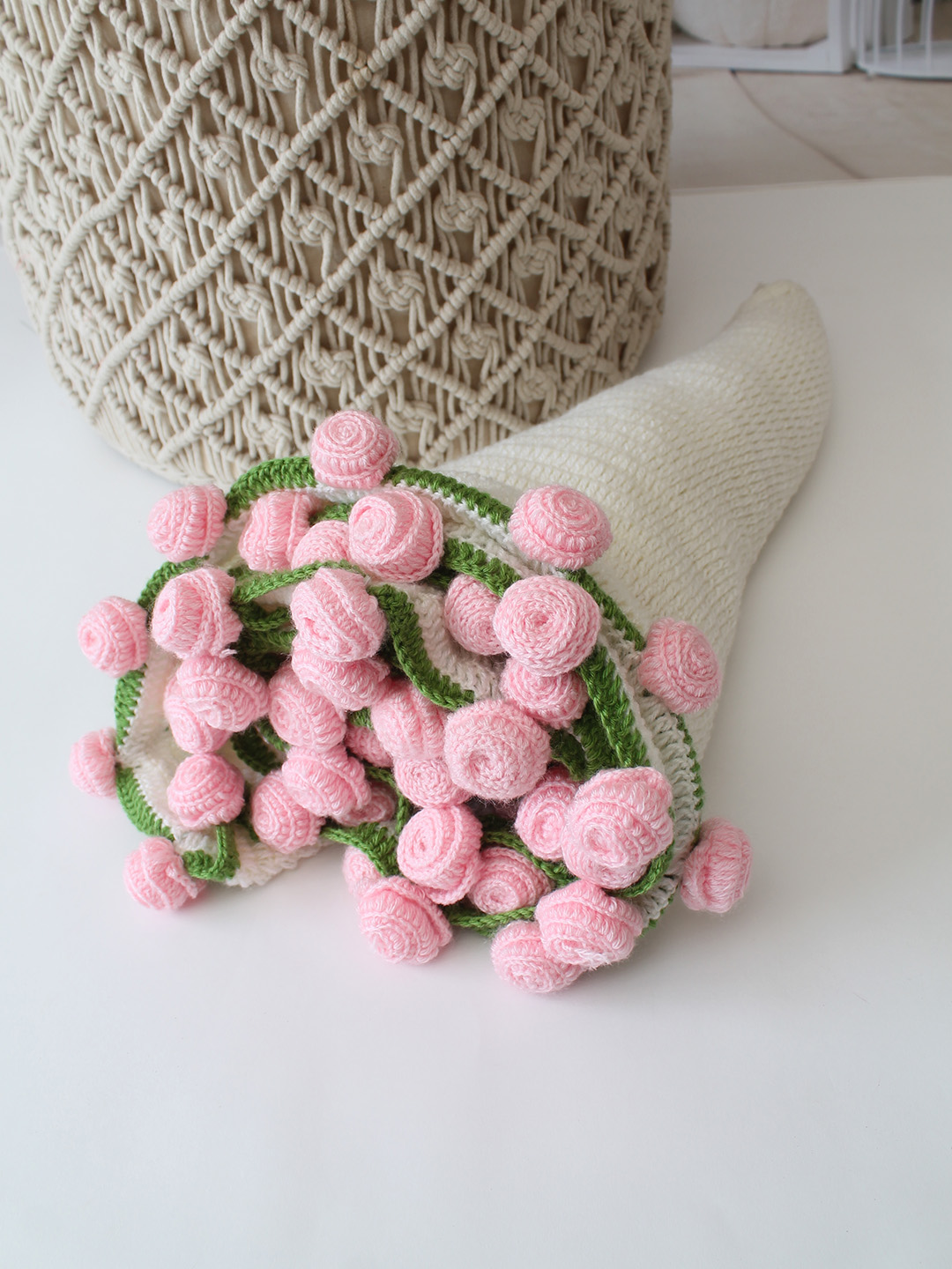 Crochet Handmade Woolen Pink Rose BlanketBouquet 35 inch