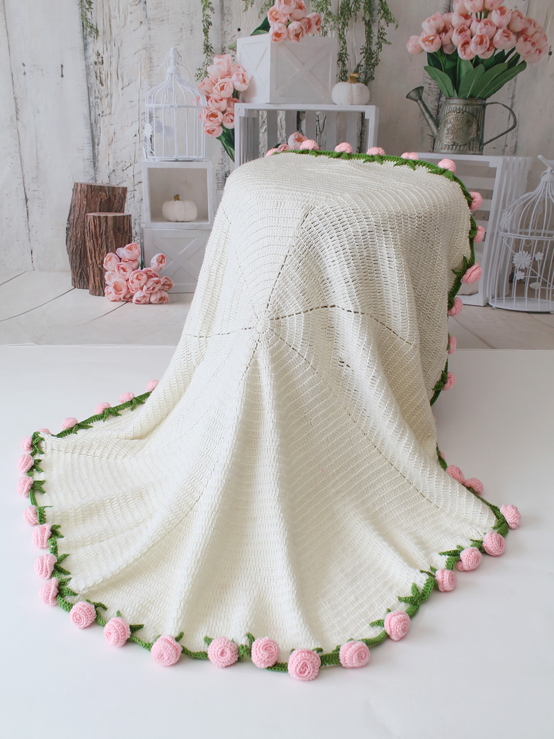 Crochet Handmade Woolen Pink Rose Blanket/Bouquet 35 inch