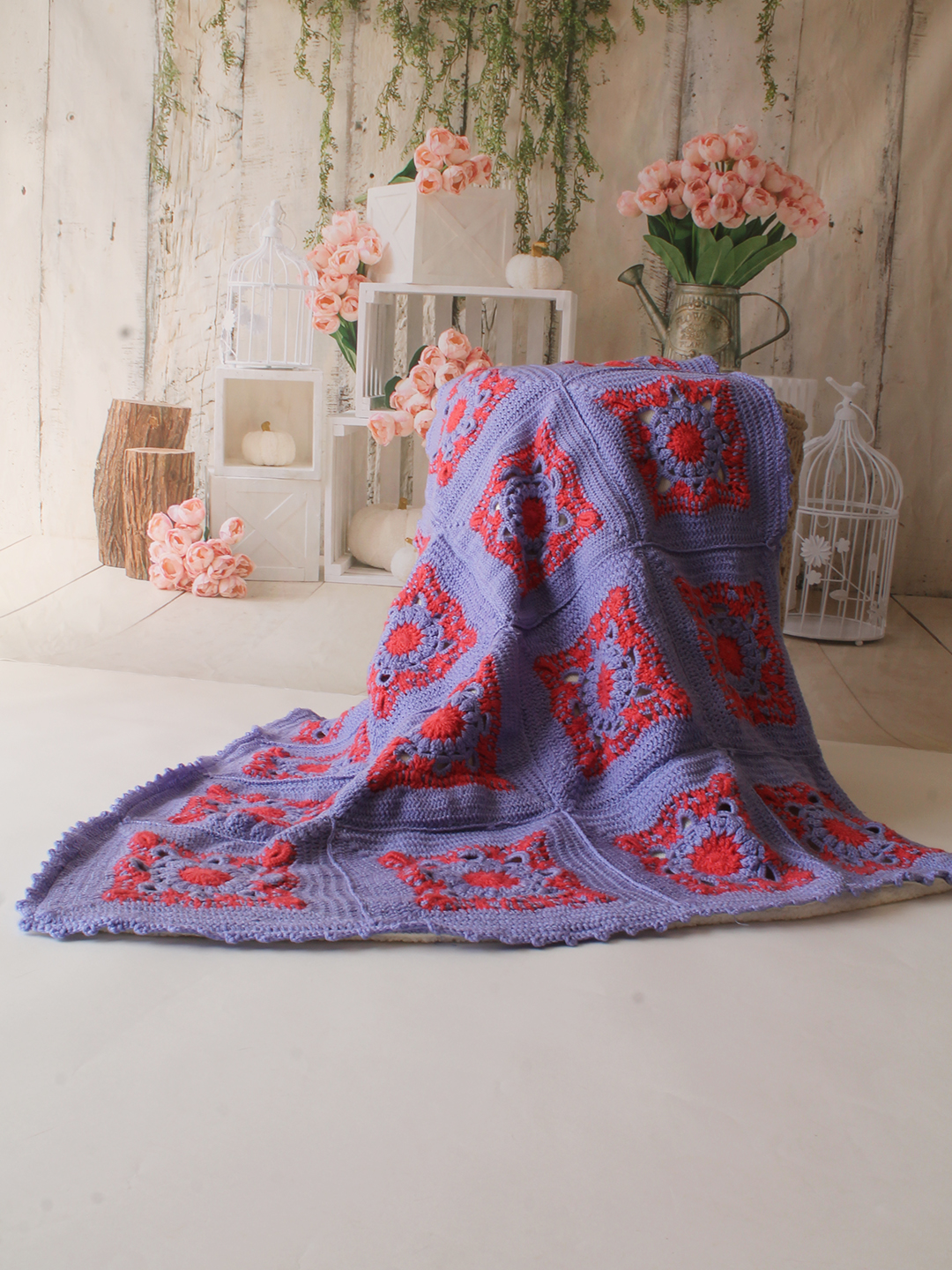 Woonie Handmade Granny Square Blanket with Lining 4040 inch - Purple