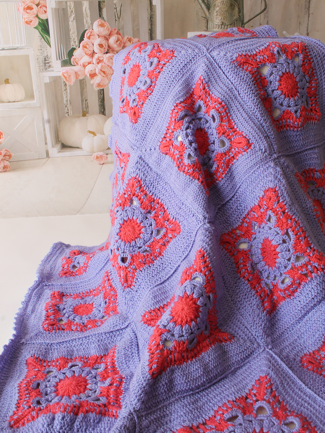 Woonie Handmade Granny Square Blanket with Lining 40*40 inch - Purple