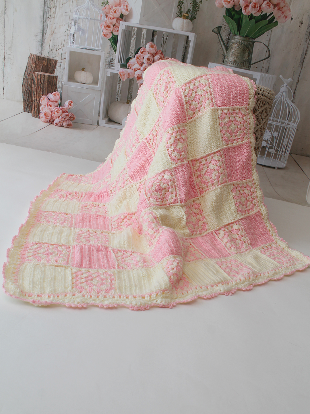 Woonie Handmade Granny Sqaure 40*40 inch Crib Blanket with Sherpa Lining- Pink