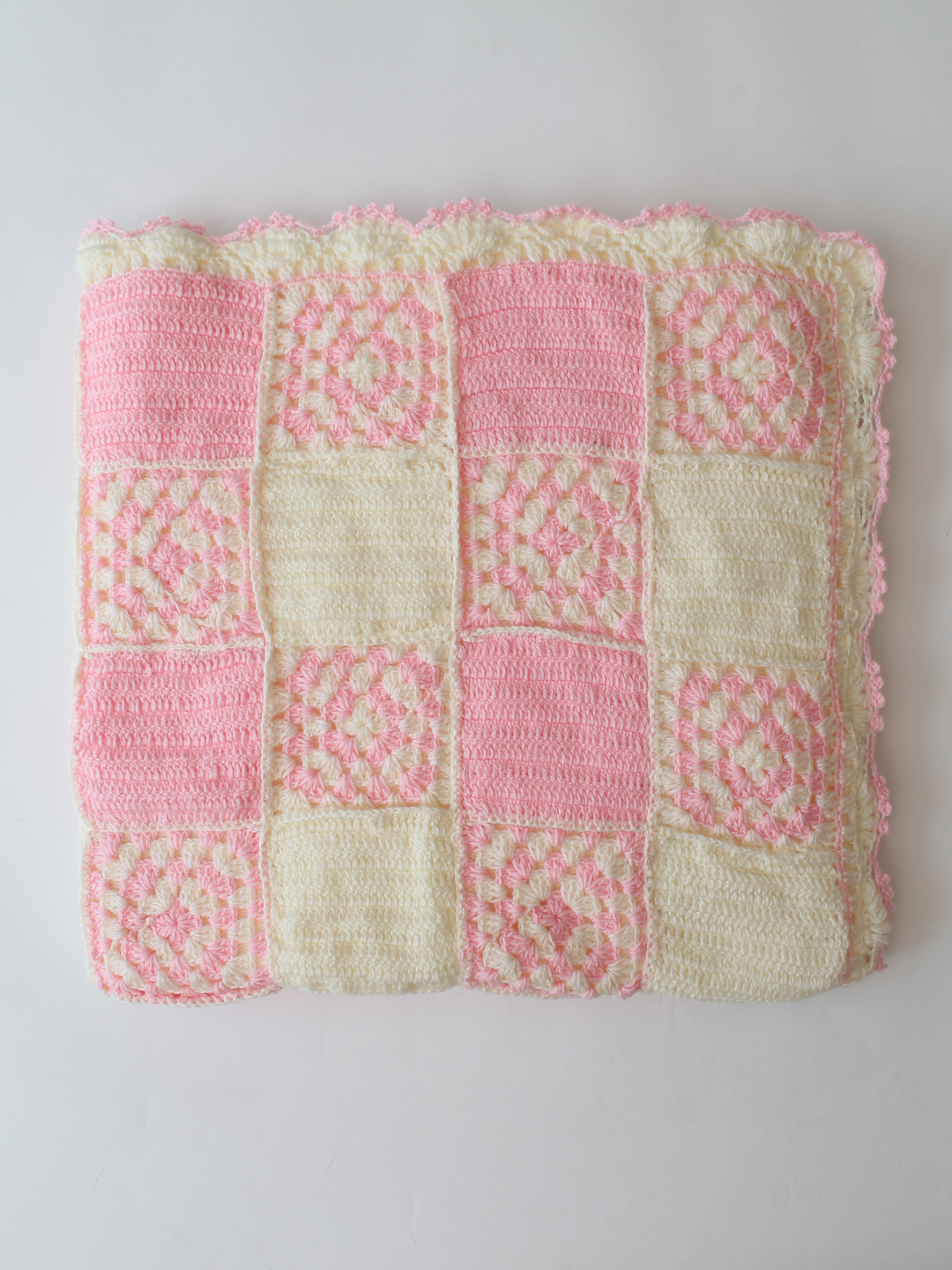 Woonie Handmade Granny Sqaure 40*40 inch Crib Blanket with Sherpa Lining- Pink