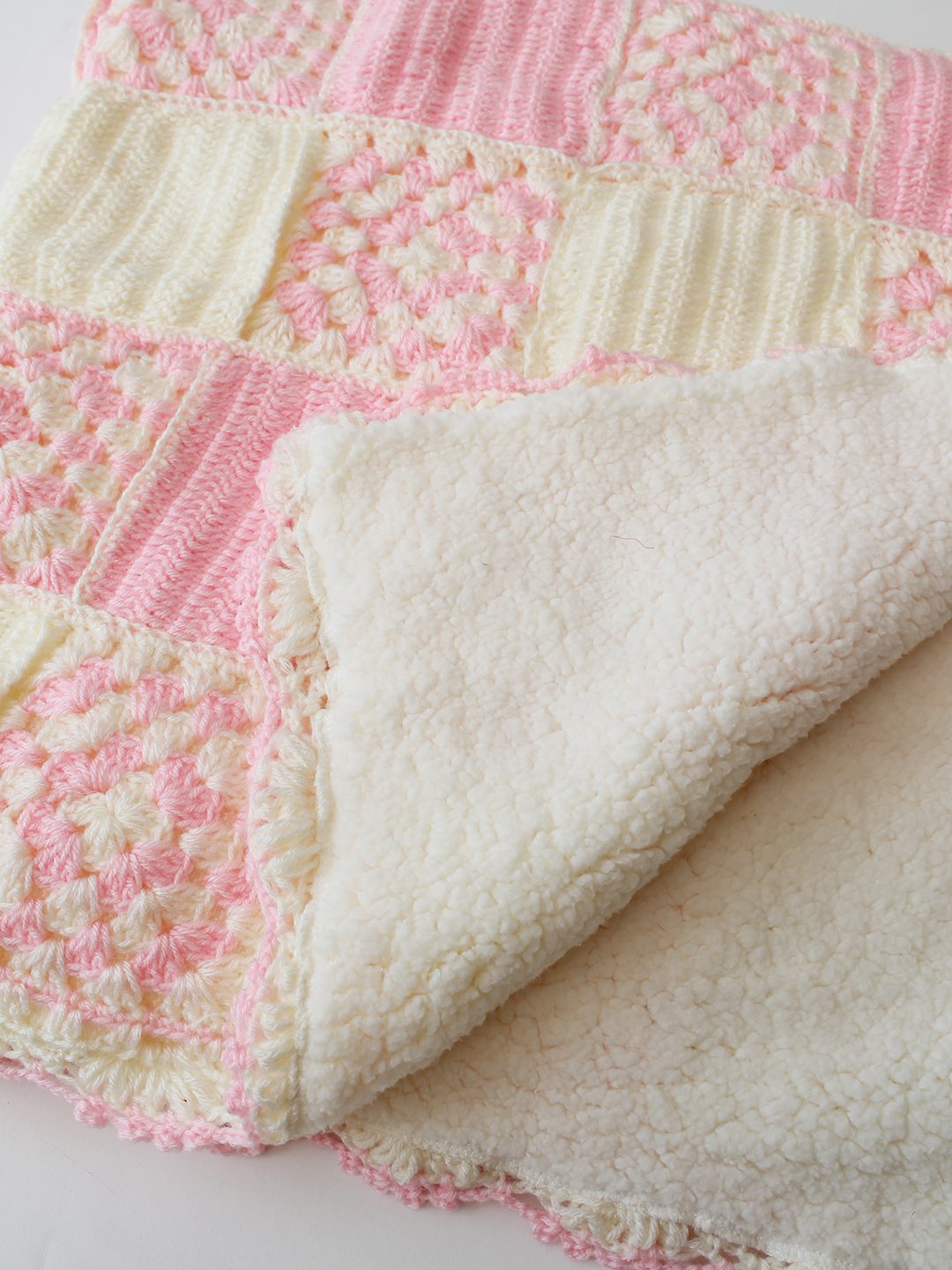 Woonie Handmade Granny Sqaure 40*40 inch Crib Blanket with Sherpa Lining- Pink