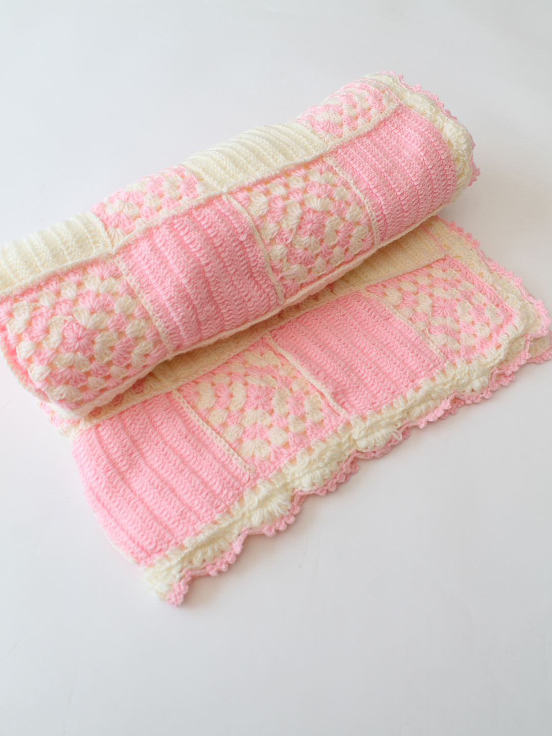 Woonie Handmade Granny Sqaure 4040 inch Crib Blanket with Sherpa Lining- Pink