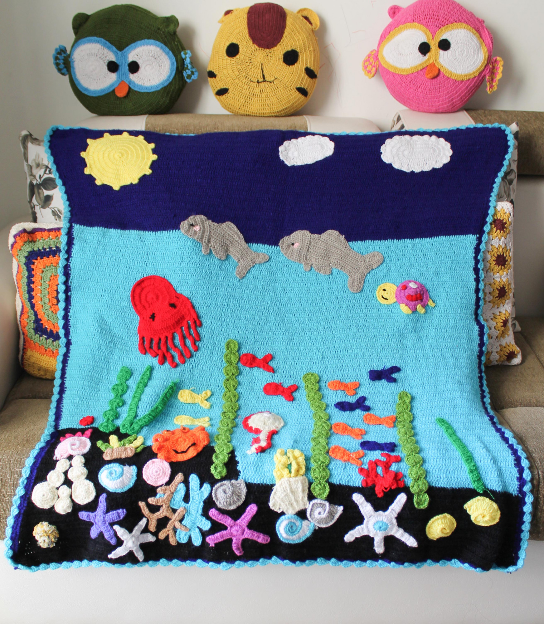 Woonie Handmade Aqualife Theme 40*40 inch Blanket - Blue