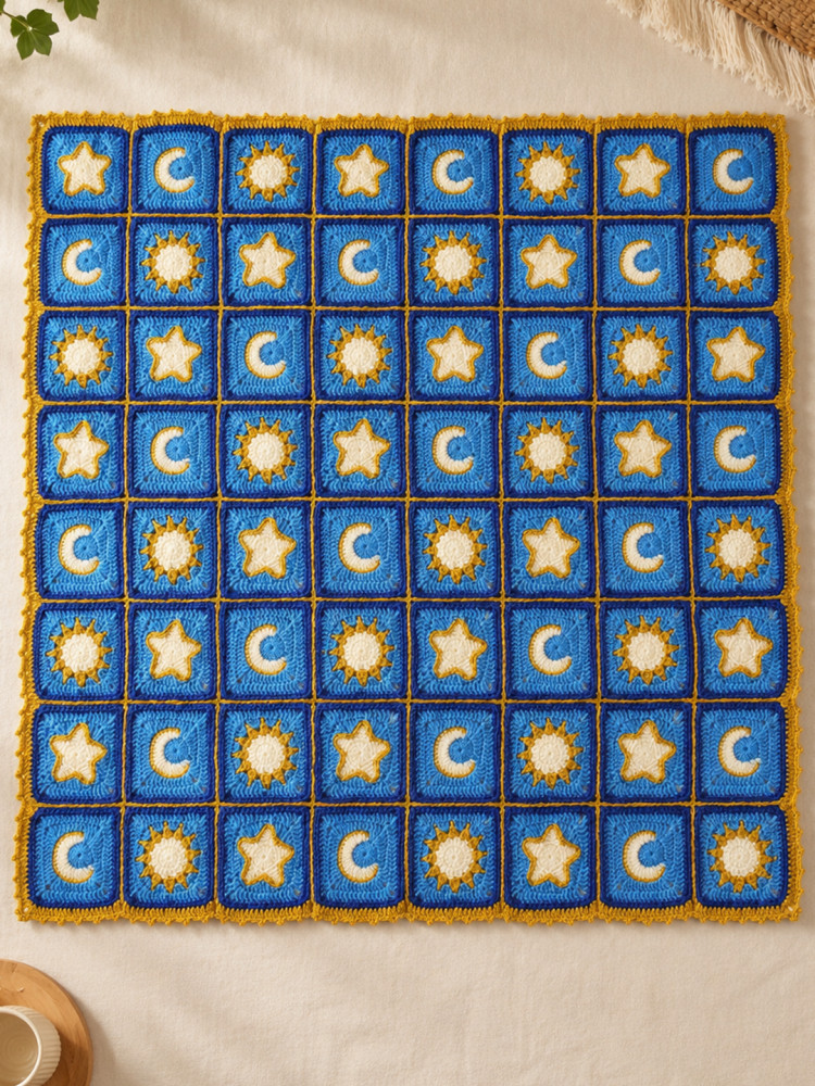 Image of Crochet Celestial Granny Square Blanket - Blue