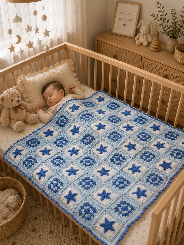 Image of Crochet Granny Square Blanket - Sky Blue