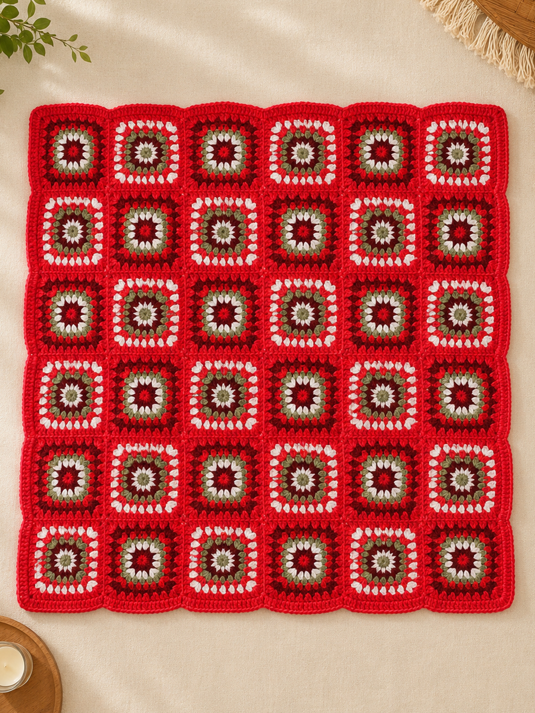 Crochet Granny Square Blanket - Red