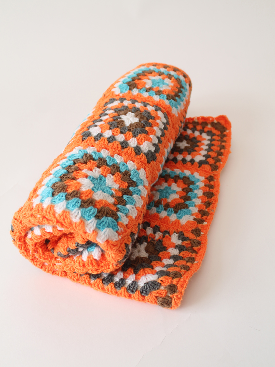 Woonie Handmade Granny Sqaure Blanket with Sherpa Lining  - Orange