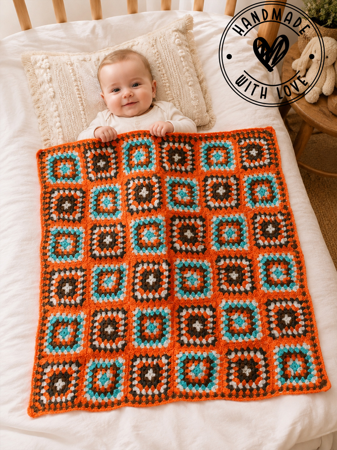 Woonie Handmade Granny Sqaure Blanket with Sherpa Lining - Orange