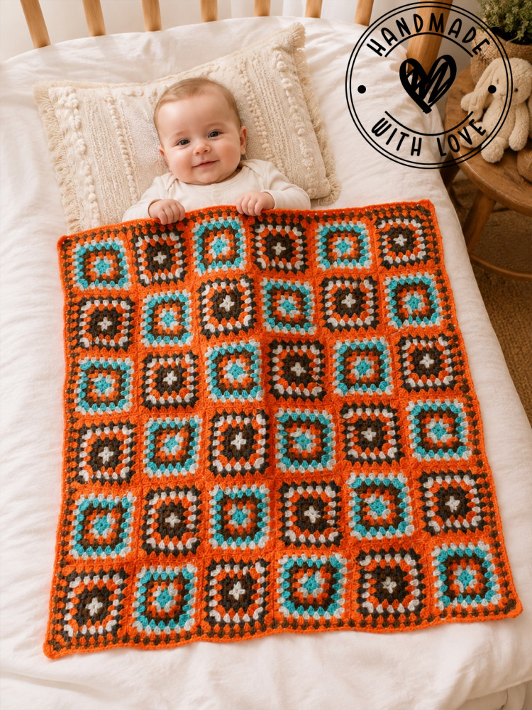 Image of Woonie Handmade Granny Sqaure Blanket with Sherpa Lining  - Orange