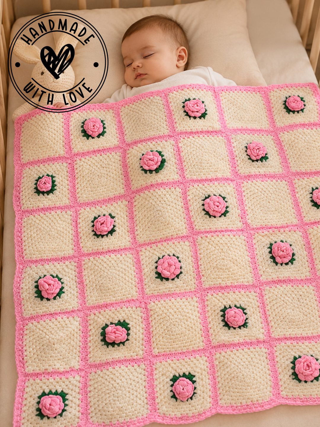 Woonie Handmade Rose Detailed Blanket with Sherpa Lining - Cream