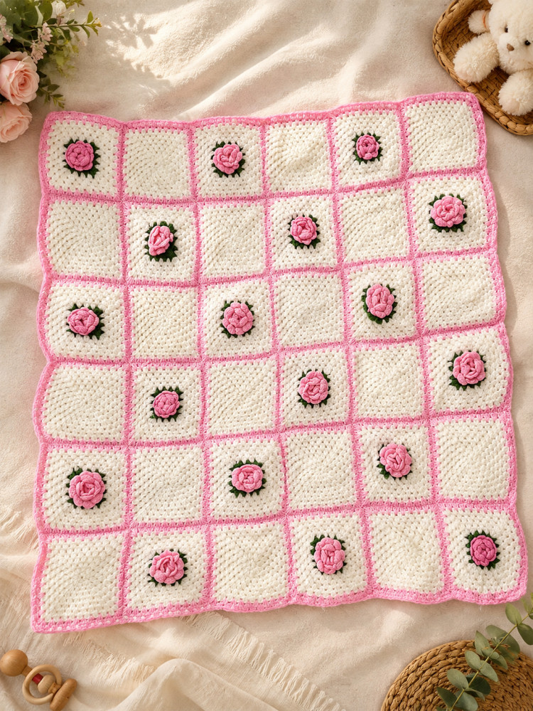 Image of Woonie Handmade Rose Detailed Blanket with Sherpa Lining - Cream