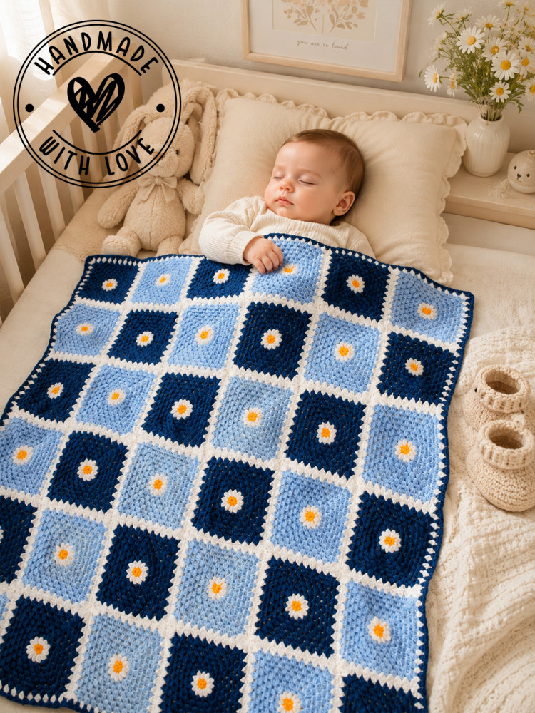 Image of Woonie Handmade Floral Detailed Blanket with Sherpa Lining - Blue