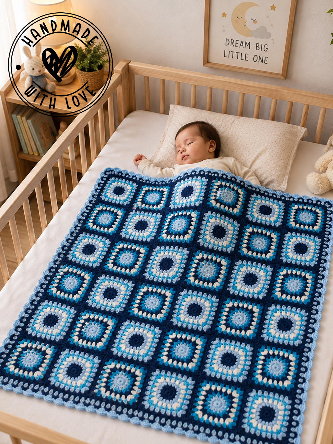 Woonie Handmade Granny Sqaure Blanket with Sherpa Lining - Blue