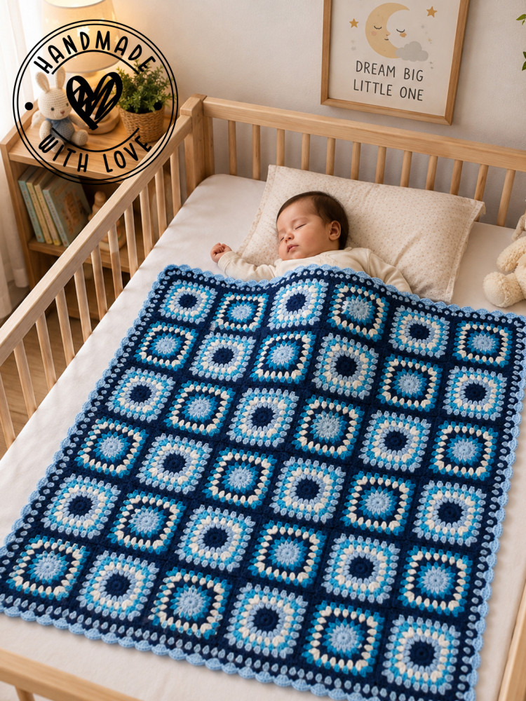 Image of Woonie Handmade Granny Sqaure Blanket with Sherpa Lining - Blue