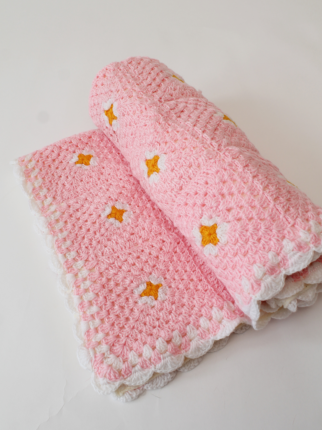 Woonie Handmade Floral Detailed Blanket with Sherpa Lining - Pink