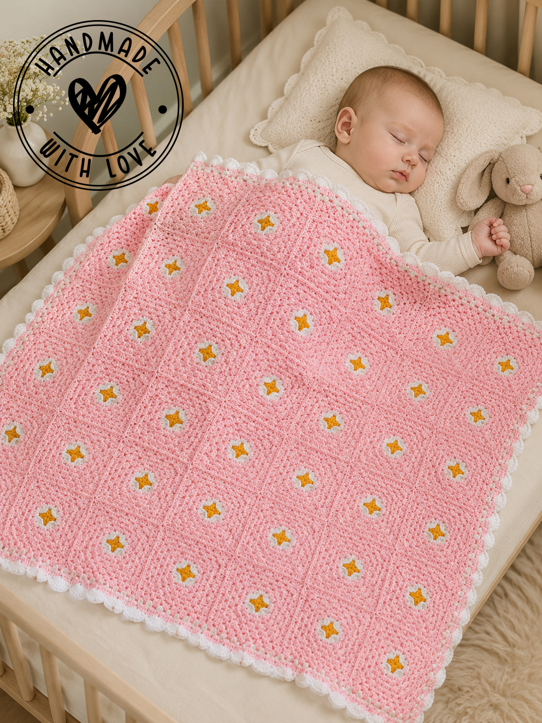 Woonie Handmade Floral Detailed Blanket with Sherpa Lining - Pink
