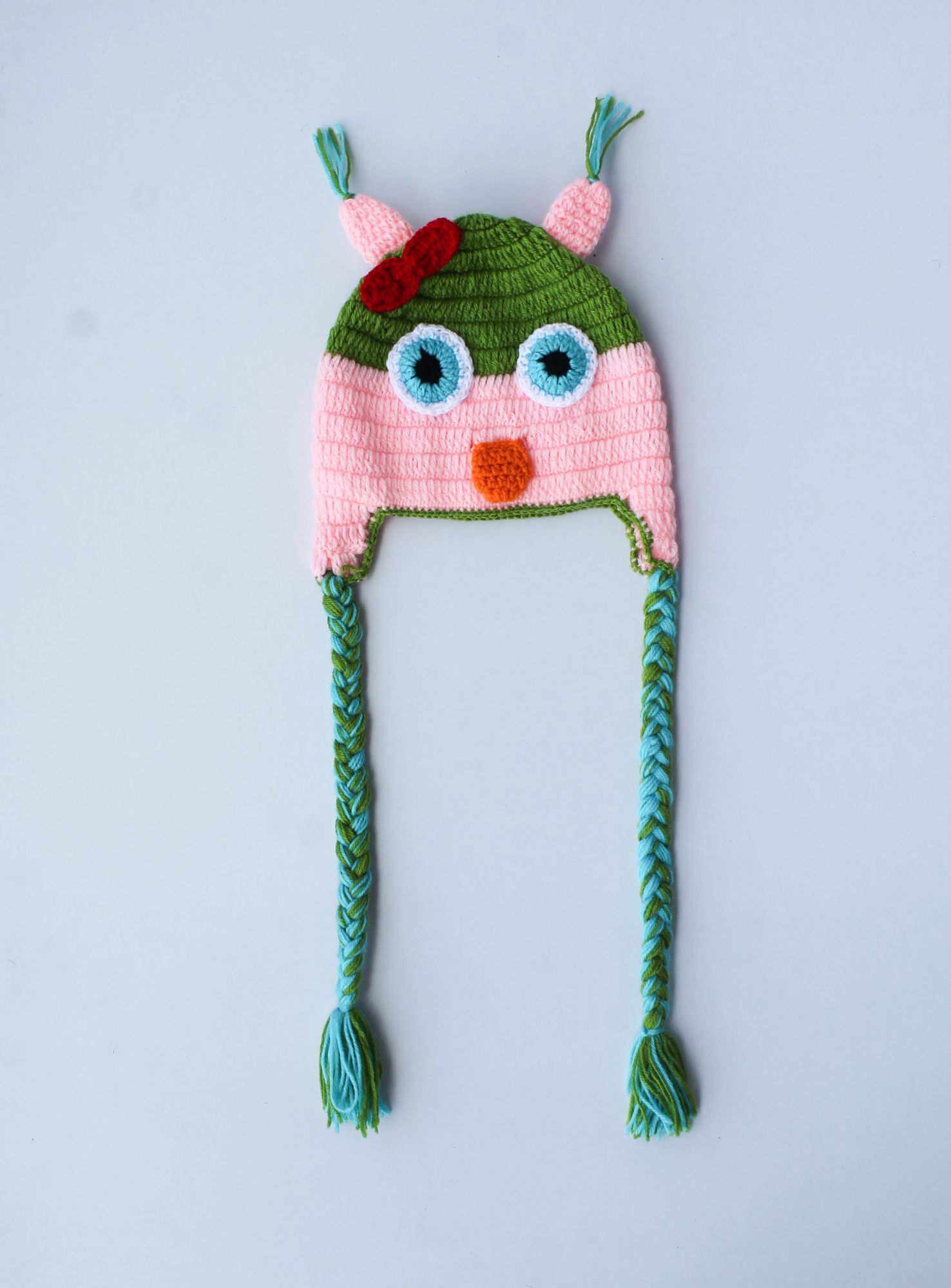 Pink and Green Bird Woolen Cap for Infants
