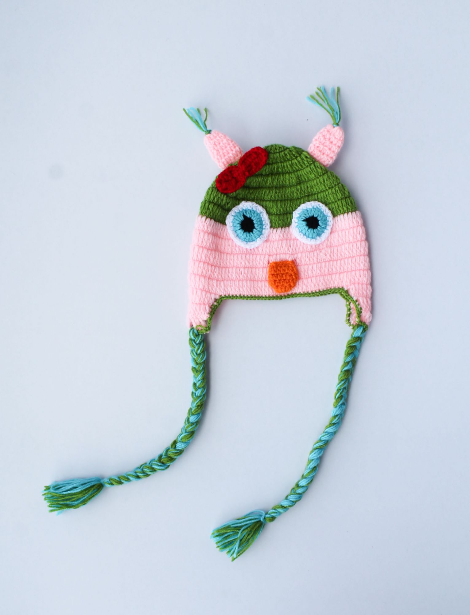 Pink and Green Bird Woolen Cap for Infants
