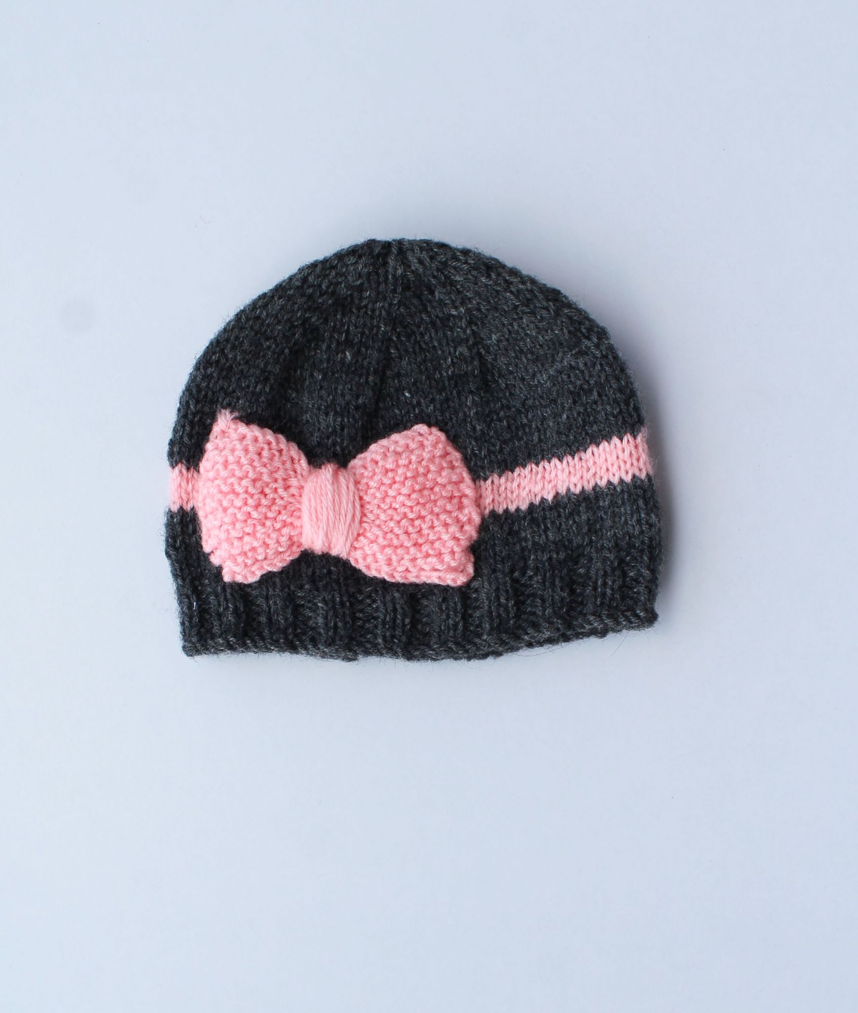 Grey and Pink Bow Woolen Cap for Infants