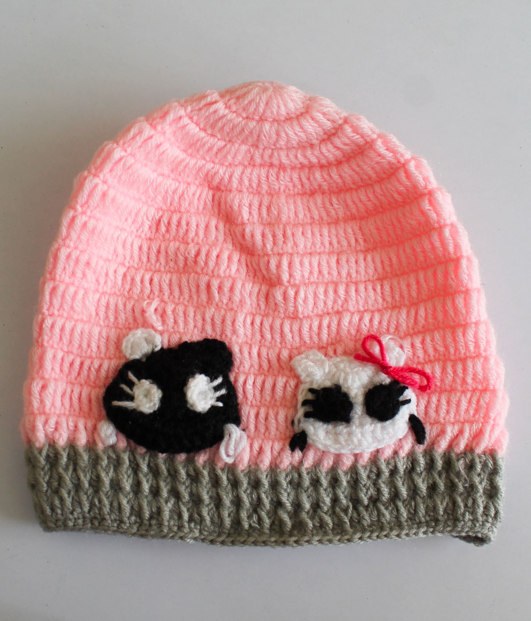 Woonie Cat Knit Detailing Handmade Cap - Light Pink