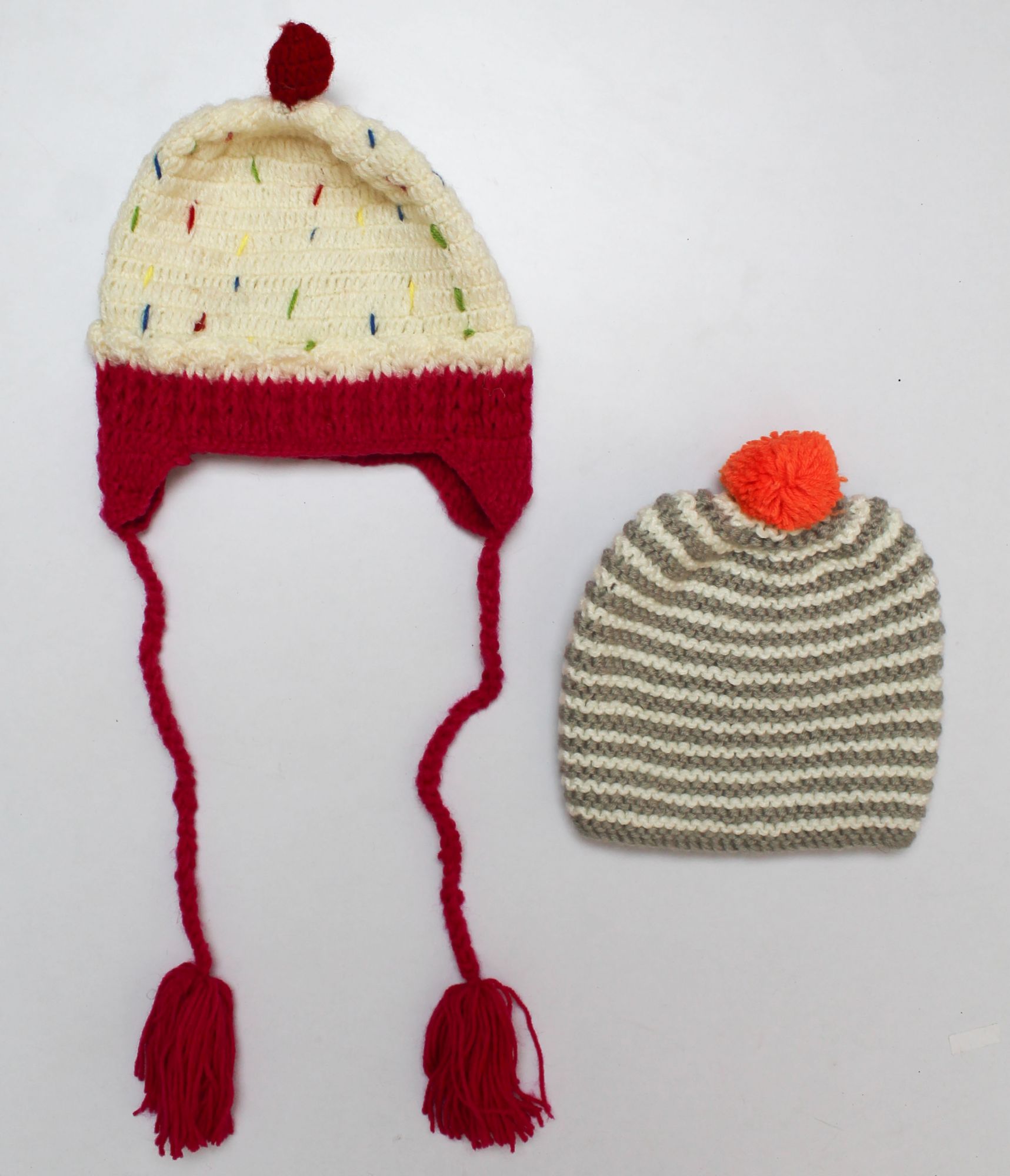 Woonie Pack Of 2 Striped & Pom Pom Detailing Cap - Cream & Grey