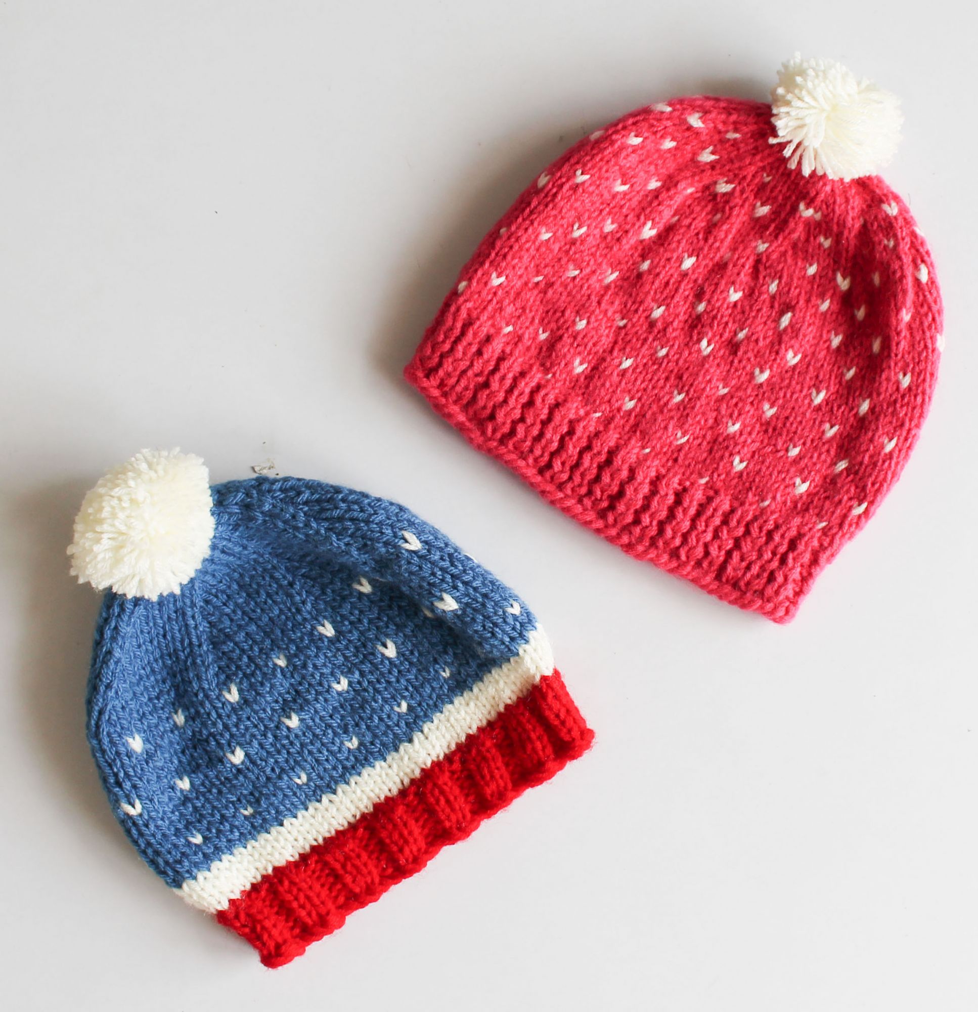 Woonie Hearts Knitted Pom Pom Detailing Handmade Woollen Caps Pack Of 2 - Blue And Pink