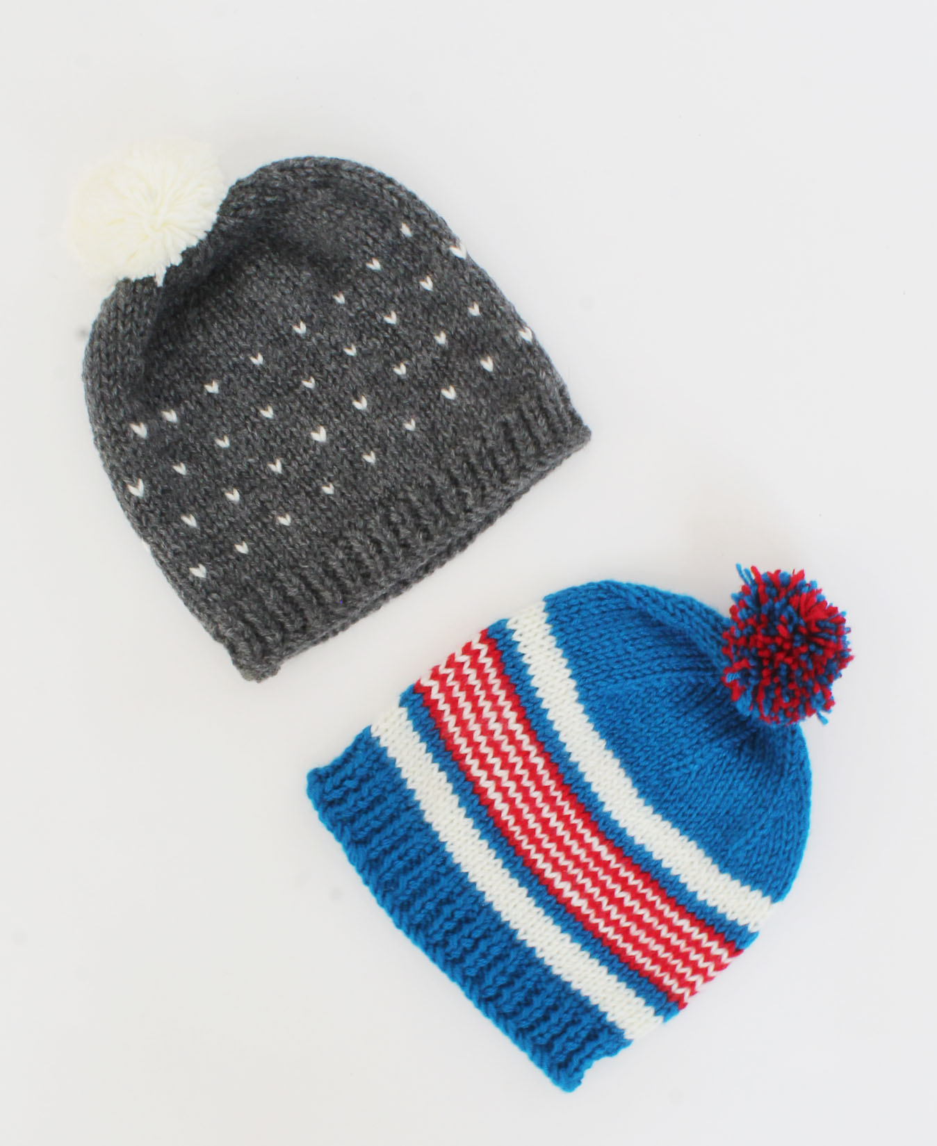 Handmade Knitted Embroidered & Striped Pattern Winterwear Caps Pack Of 2 - Grey & Blue