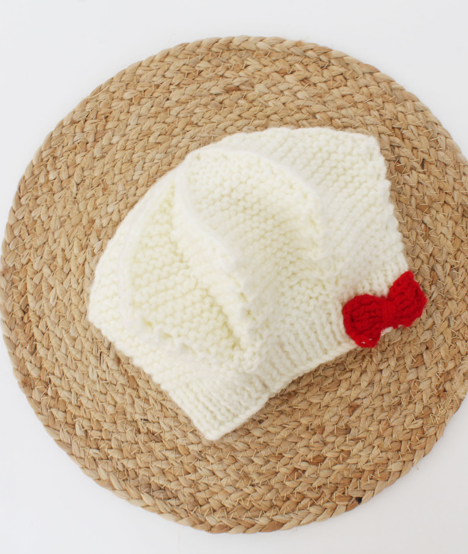 Handmade Knitted Bow Detailing Crown Style Cap-Cream