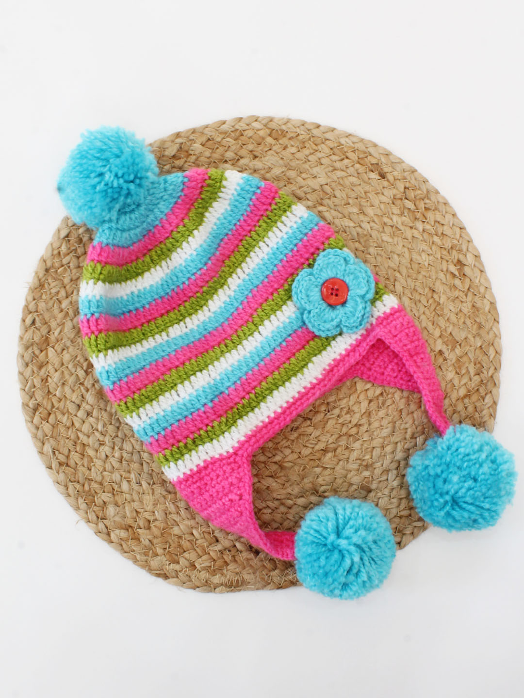 Handmade Knitted Pom Pom Detailing Striped Cap-Multicolour