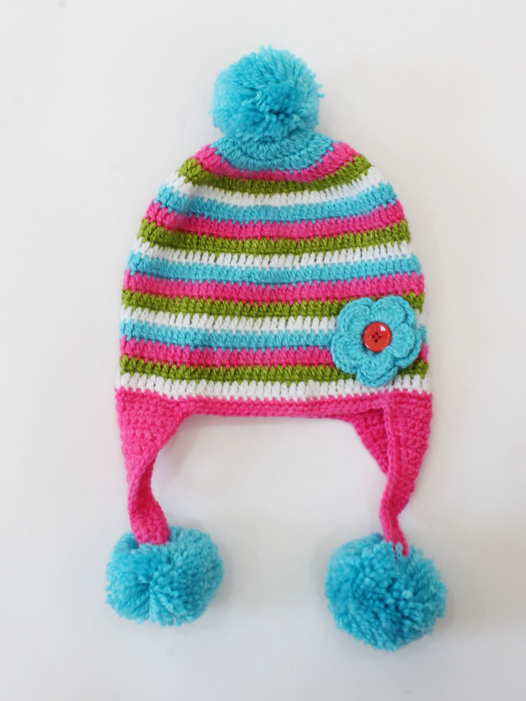 Handmade Knitted Pom Pom Detailing Striped Cap-Multicolour