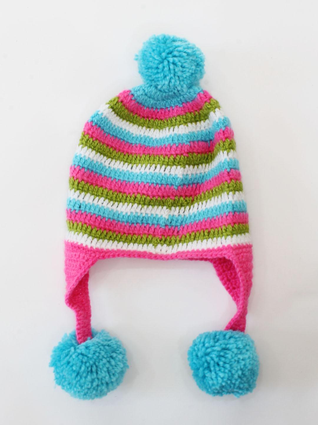 Handmade Knitted Pom Pom Detailing Striped Cap-Multicolour
