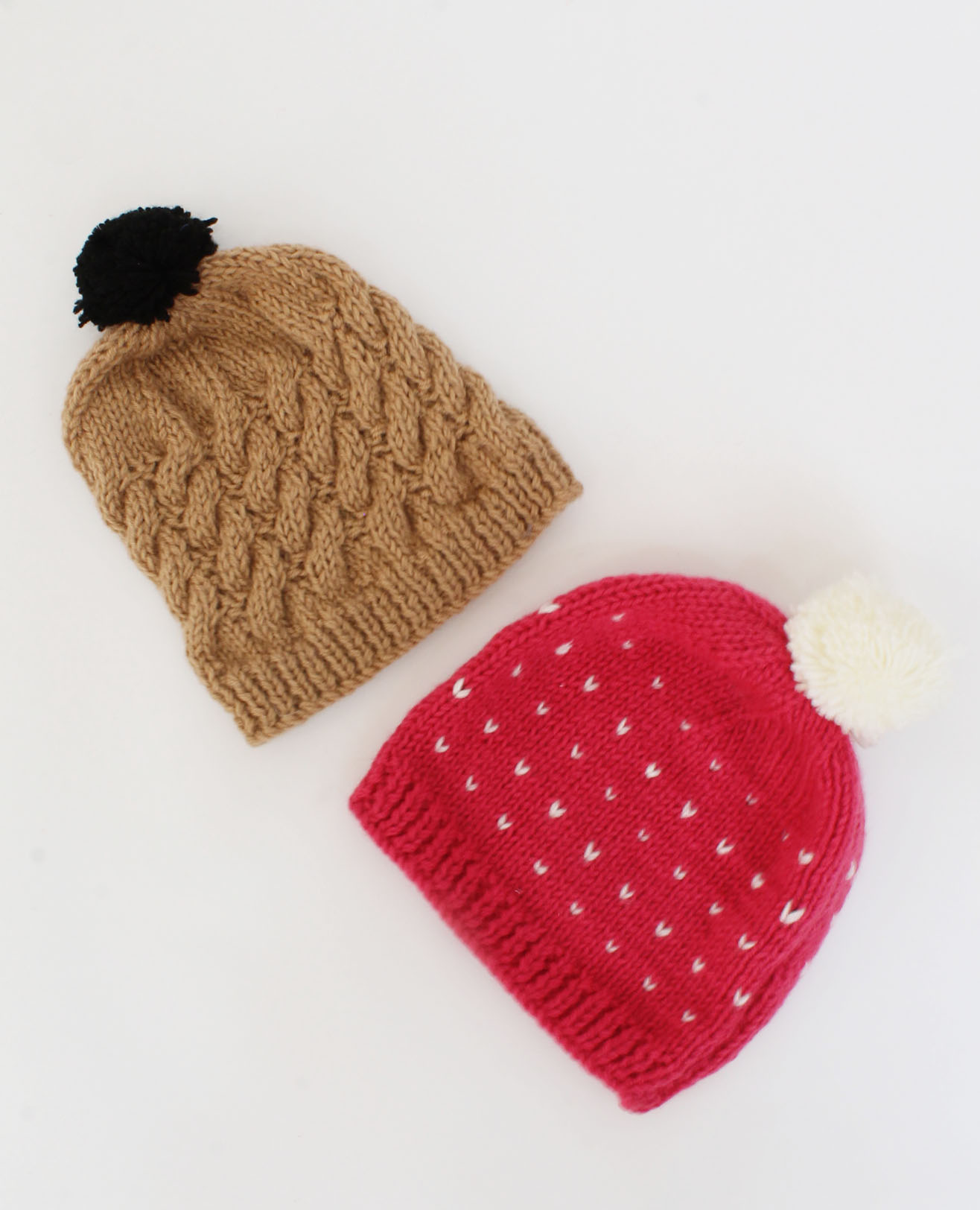 Handmade Knitted Embroidered & Cable Design Caps Pack Of 2-Brown & Pink