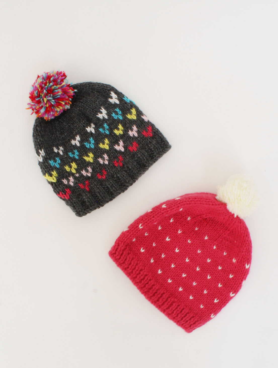 Handmade Knitted Embroidered Pom Pom Detailing Caps Pack Of 2-Grey & Pink