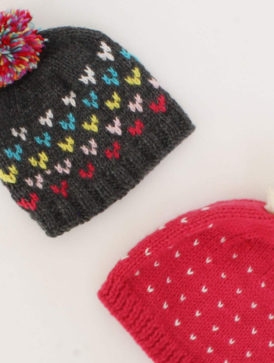 Handmade Knitted Embroidered Pom Pom Detailing Caps Pack Of 2-Grey & Pink