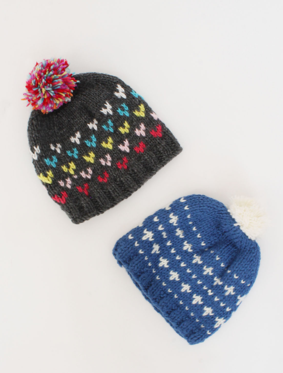 Handmade Knitted Embroidered Pom Pom Detailing Caps Pack Of 2-Grey & Blue