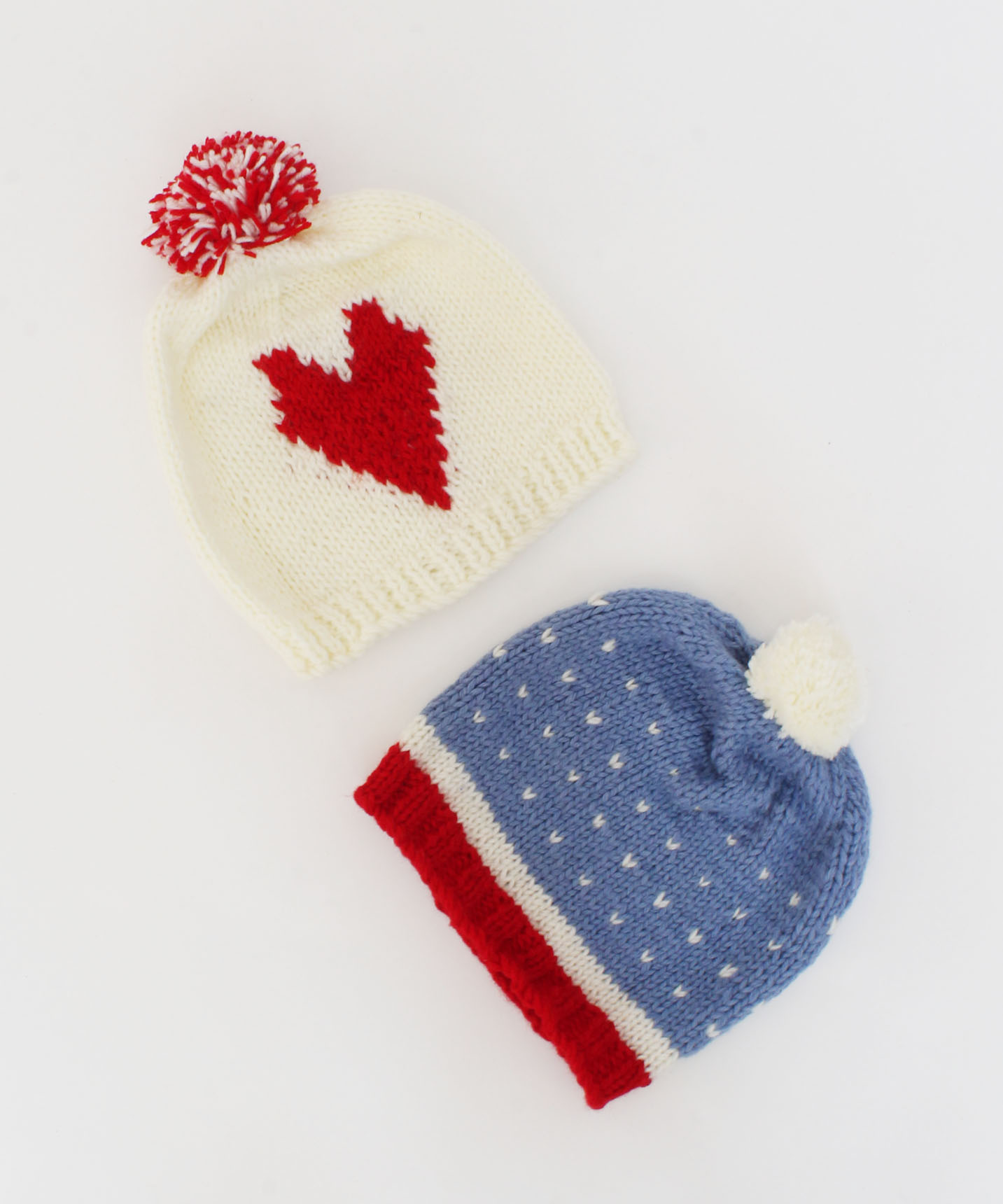 Handmade Knitted Embroidered Heart Detailing Caps Pack Of 2-Cream & Blue