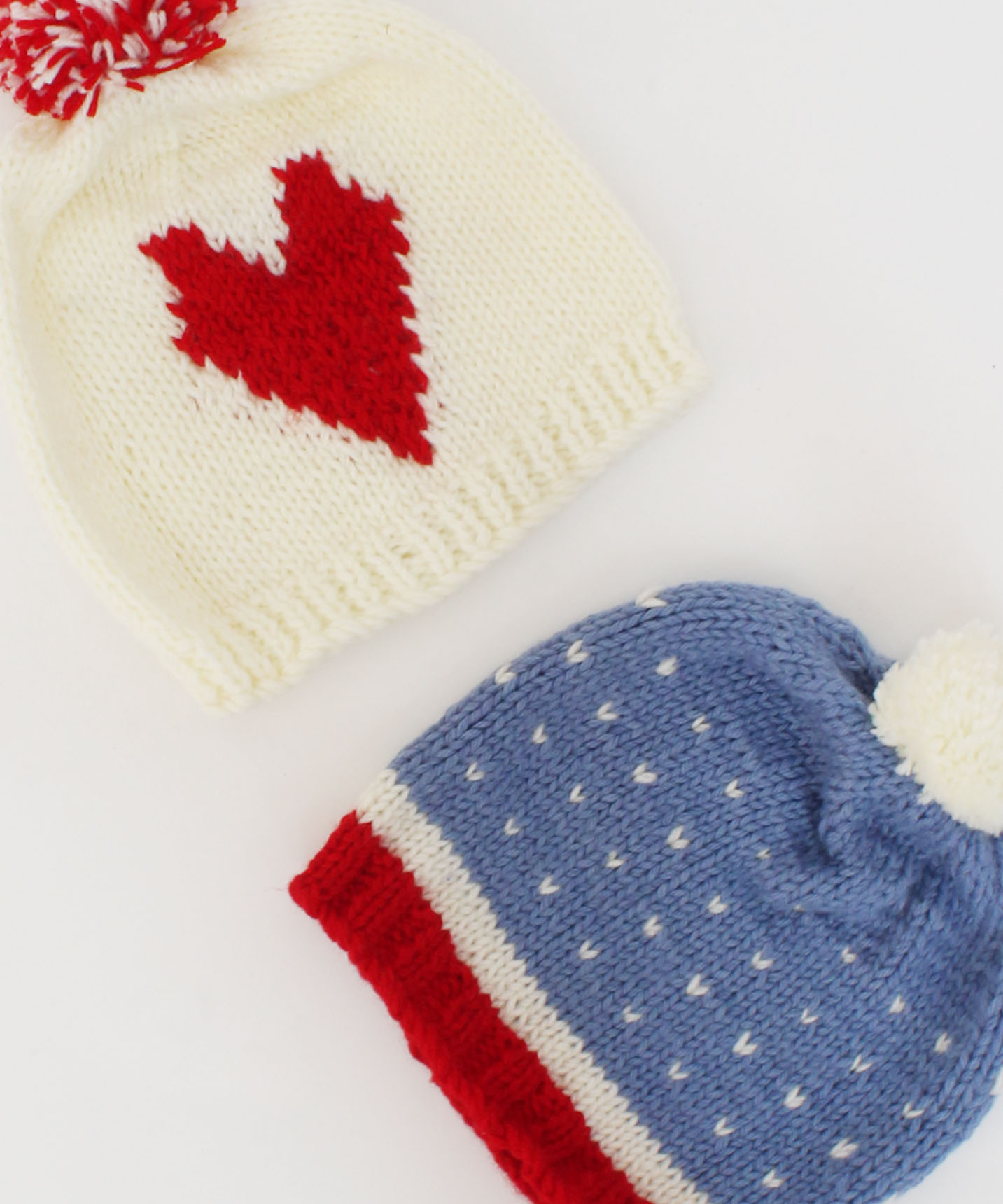 Handmade Knitted Embroidered Heart Detailing Caps Pack Of 2-Cream & Blue